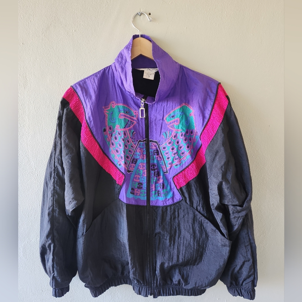 Vintage Jacket 80s Funky Dragon Neon Nylon Retro Sports